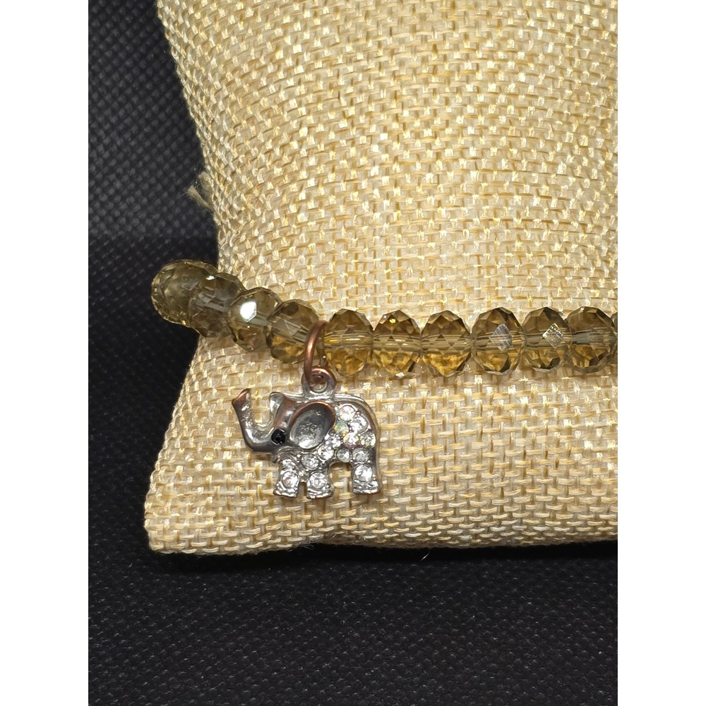 Vintage Amber plastic Beaded Elephant Charm Stretch‎ Bracelet Rhinestone Estate